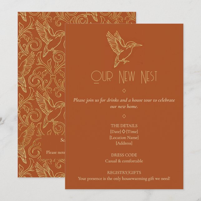 Gold Filigree Art Deco | Kingfisher Housewarming Inbjudningar (Fram/baksida)