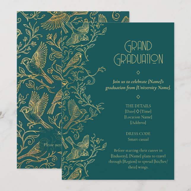 Gold Filigree Art Deco | Sparrow Graduation Inbjudningar (Fram/baksida)
