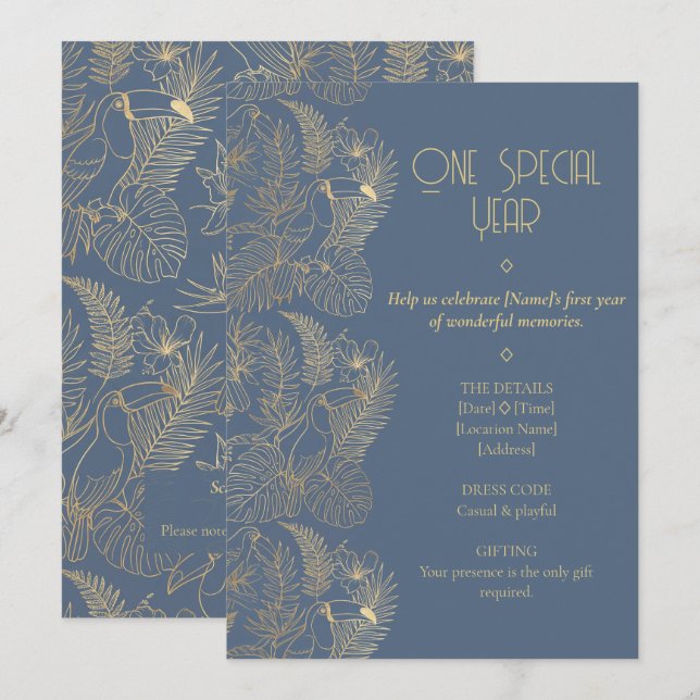Gold Filigree Art Deco | Toucan 1st Birthday Inbjudningar (Fram/baksida)