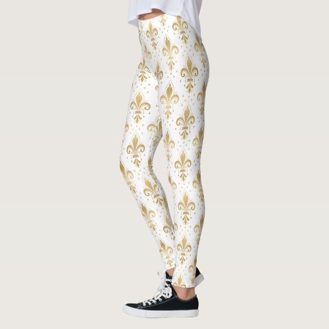 Gold fleur-de-lis seamless pattern on white leggings (Vänster)
