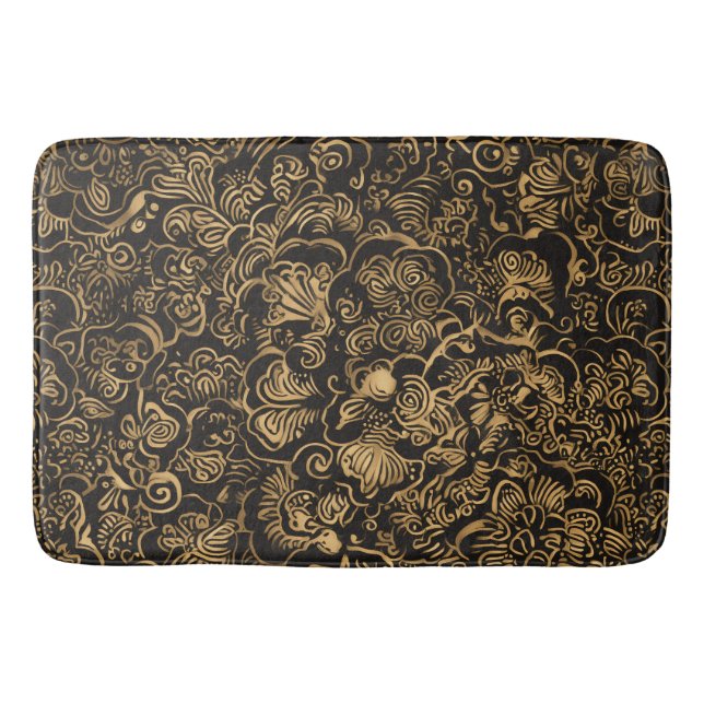 Gold Floral Baroque Pattern on Black Badrumsmatta (Framsidan)