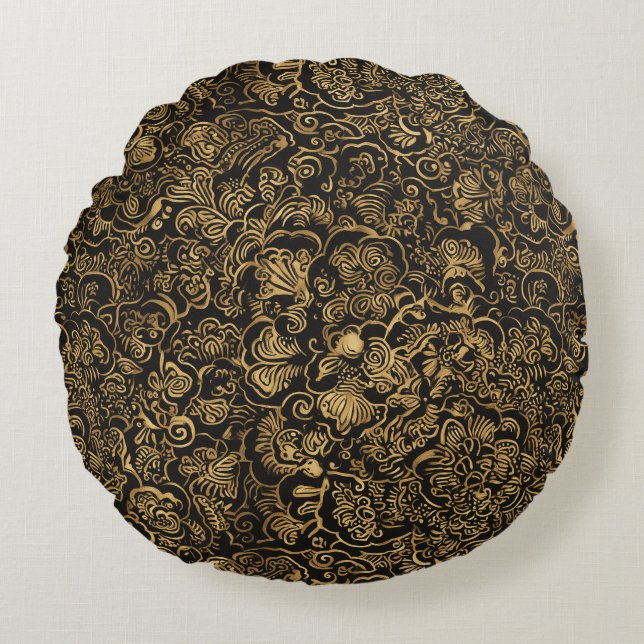 Gold Floral Baroque Pattern on Black Rund Kudde (Framsidan)