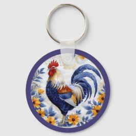 Gold Floral Blue Rooster Farmhouse Nyckelring