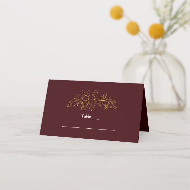 Gold Floral Deep Burgundy Wedding Table Number Placeringskort (Framsida)