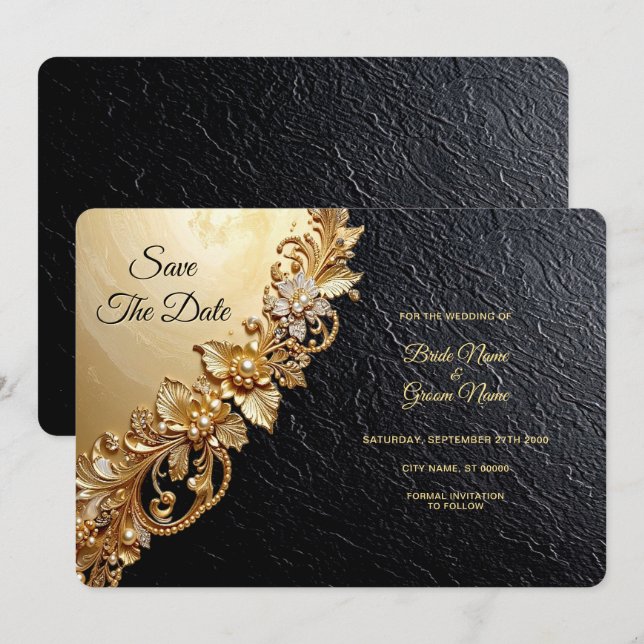 Gold Floral Embellishments Save The Date Spara Datumet (Fram/baksida)