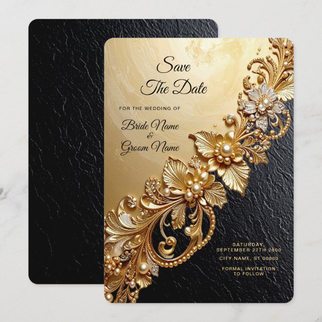 Gold Floral Embellishments Save The Date Spara Datumet (Fram/baksida)