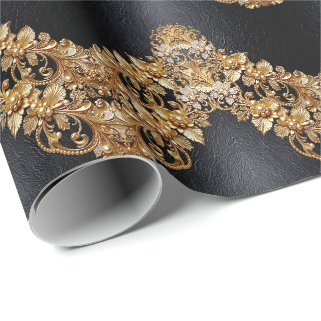 Gold Floral Embellishments Wrapping Paper Presentpapper (Rullad Hörn)