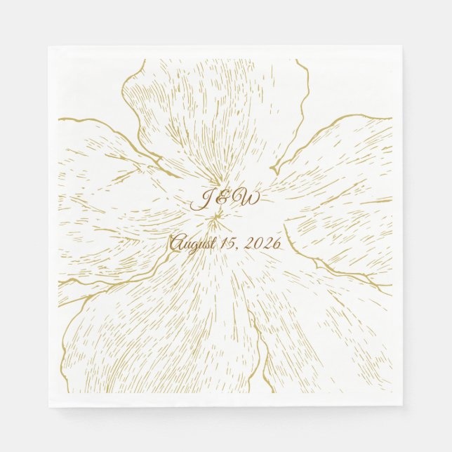 Gold Floral Line Art Botanical Wedding Luncheon Pappersservett (Framsidan)