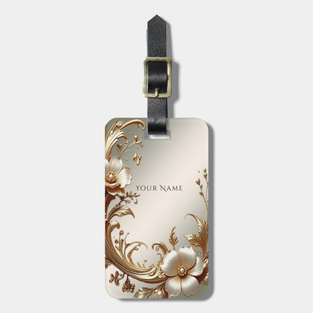Gold Floral Luggage Tag Bagagebricka (Vertikal Framsida)