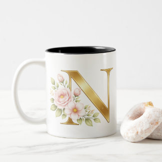 Gold Floral Monogram N Mug Två-Tonad Mugg