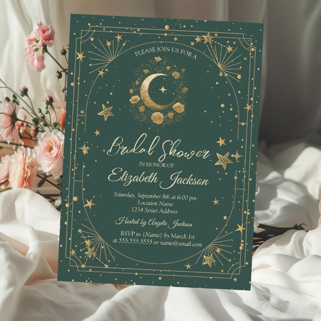 Gold Floral Moon Stars Frame Green Bridal Shower Inbjudningar (Skapare uppladdad)