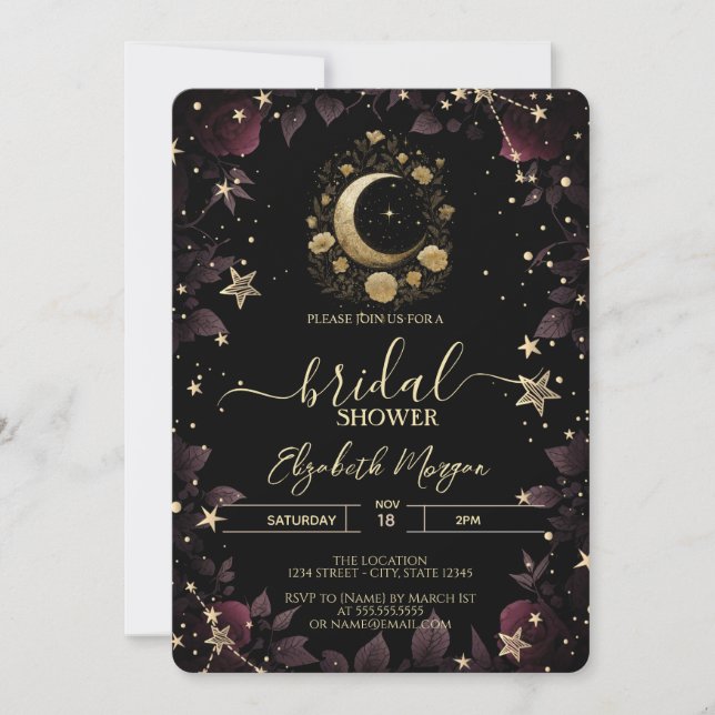 Gold Floral Moon,Stars Roses Bridal Shower Inbjudningar (Framsida)