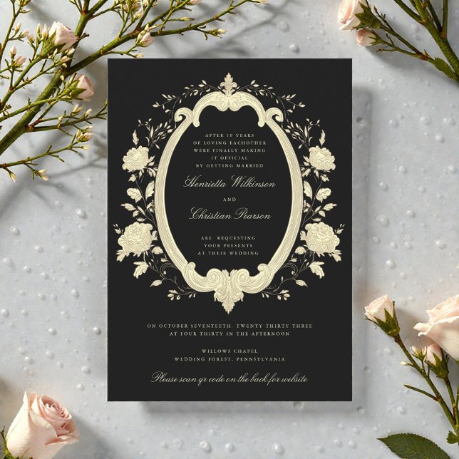 Gold Floral Oval Frame Black Elegant Wedding Inbjudningar (Skapare uppladdad)