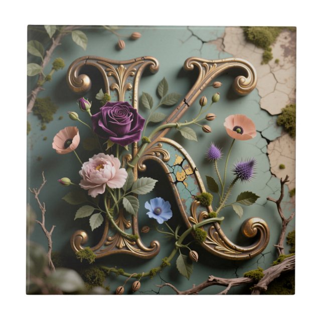 Gold Floral Patina Letter K Monogram Kakelplatta (Framsidan)