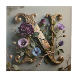 Gold Floral Patina Letter N Monogram Kakelplatta