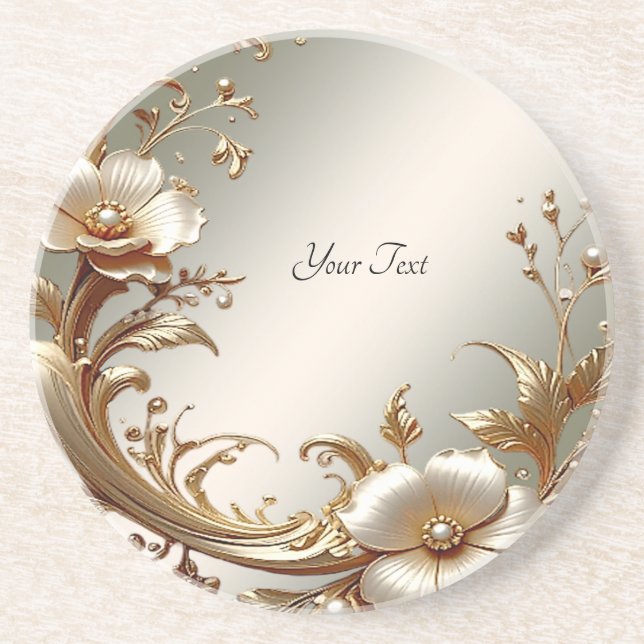 Gold Floral Sandstone Coaster Underlägg (Framsidan)