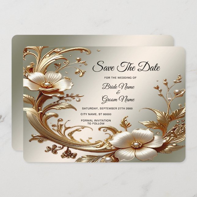 Gold Floral Save The Date Spara Datumet (Fram/baksida)