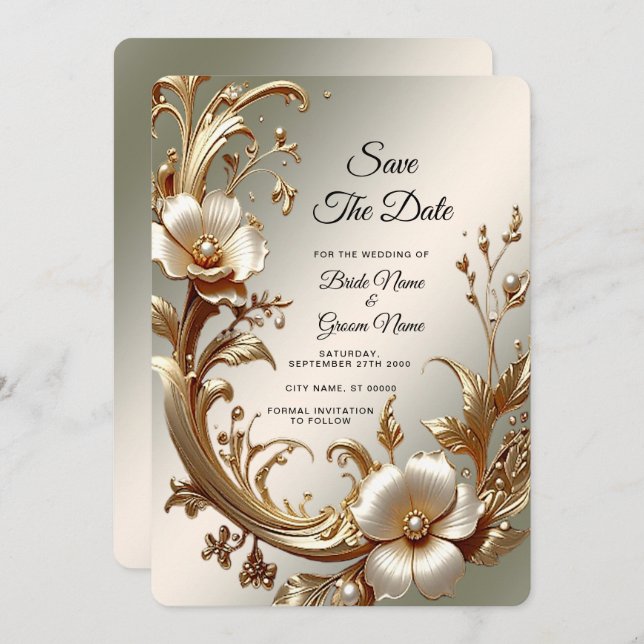 Gold Floral Save the Date Spara Datumet (Fram/baksida)