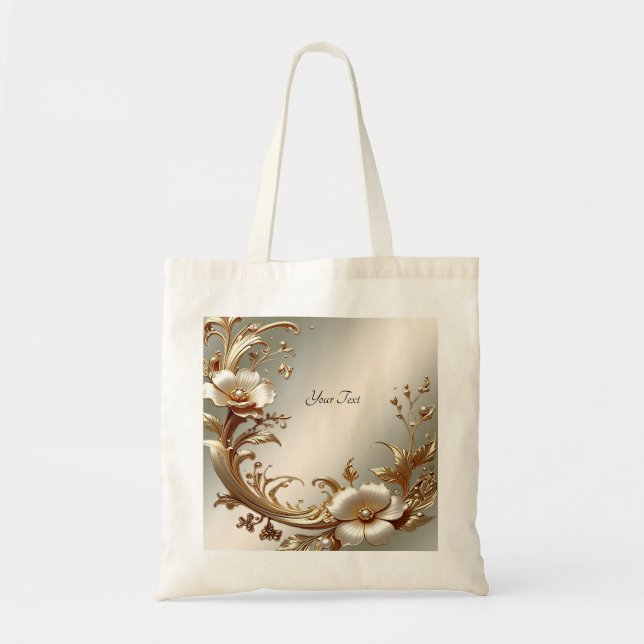 Gold Floral Tote Bag Tygkasse (Framsidan)