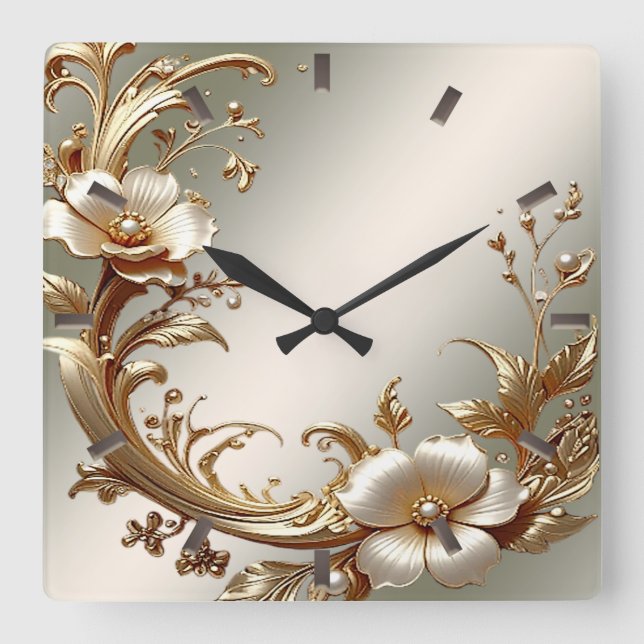 Gold Floral Wall Clock Fyrkantig Klocka (Framsida)