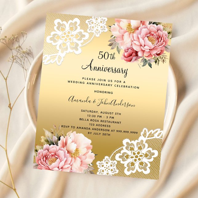 Gold florals 50th wedding anniversary invitation (Skapare uppladdad)