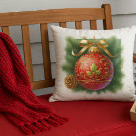 Gold Flourish Red Ornament & Pine Kudde