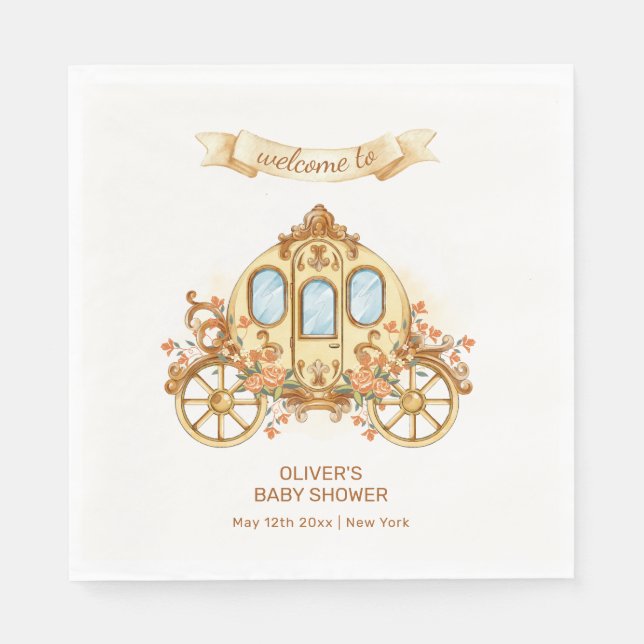 Gold Flower Prince Carriage Baby Shower Welcome Pappersservett (Framsidan)