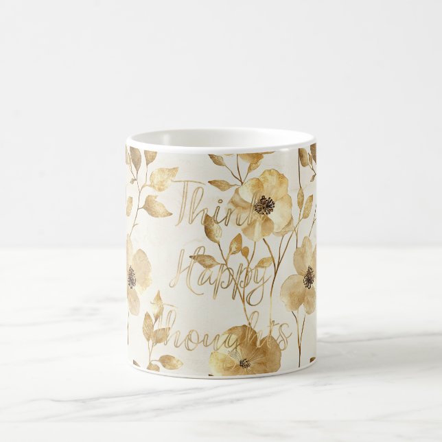 Gold Flowers Inspirational Happy Thoughts Kaffemugg (Center)