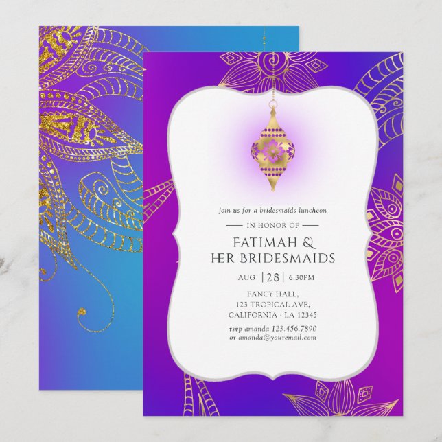 Gold Foil Arabian Bollywood Bridesmaids Luncheon Inbjudningar (Fram/baksida)