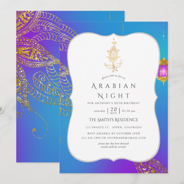 Gold Foil Arabian Nights ThMeed Party Inbjudningar (Fram/baksida)