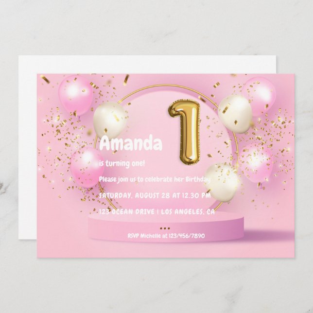 Gold Foil Balloon and Confetti 1:a födelsedagen Inbjudningar (Fram/baksida)