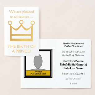 Gold Foil "BIRTH OF A PRINCE"! Baby meddelande Folierat Kort