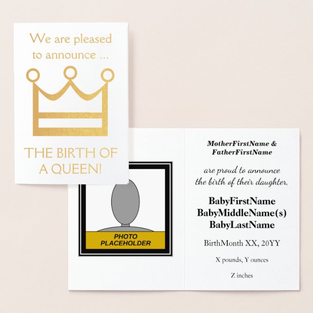 Gold Foil "BIRTH OF A QUEEN"! Baby meddelande Folierat Kort (Display)