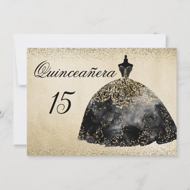 Gold Foil Black Dress Quinceanera-inbjudan Inbjudningar (Framsida)