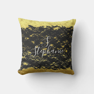 Gold Foil Black Glittery Sparkles Monogram Initial Kudde