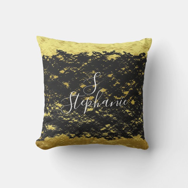 Gold Foil Black Glittery Sparkles Monogram Initial Kudde (Framsida)