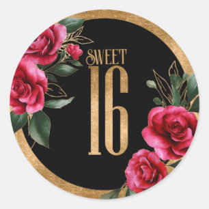 Gold Foil Blommigt Sweet sixteen Black ID756 Runt Klistermärke