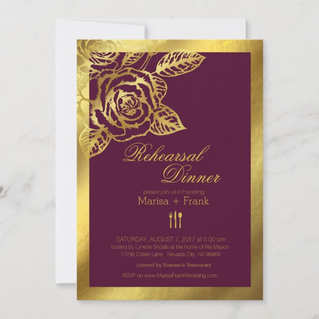 Gold Foil Burgundy Vintage Ro Rehearsal Middag Inbjudningar (Framsida)