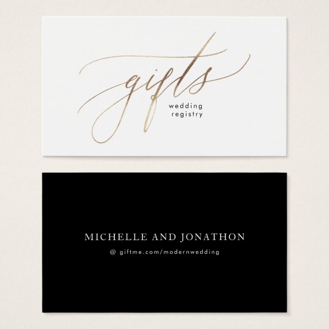 Gold Foil Calligraphy Modern Bröllop Gift Registry Visitkort (Framsida & baksida)