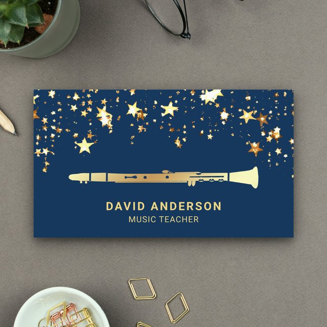 Gold Foil Confetti Elegant Clarinet Music Teacher Visitkort (Skapare uppladdad)