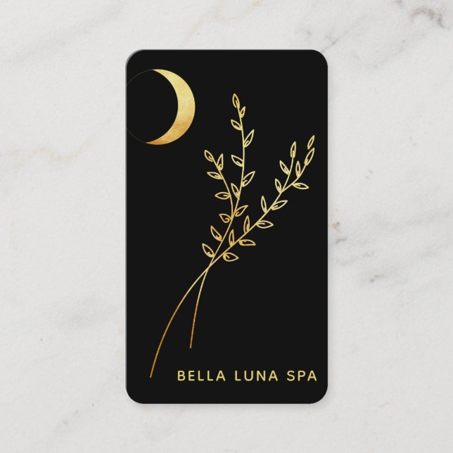 *~* Gold Foil Crescent Måne Foliage Löv Visitkort (Framsida)
