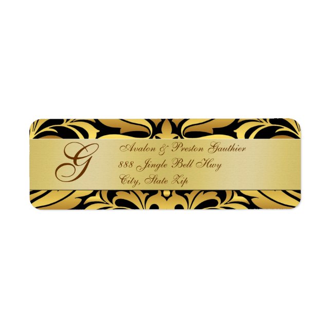 Gold Foil Damask Monogram New Years Black Labels Returadress Etikett (Framsidan)
