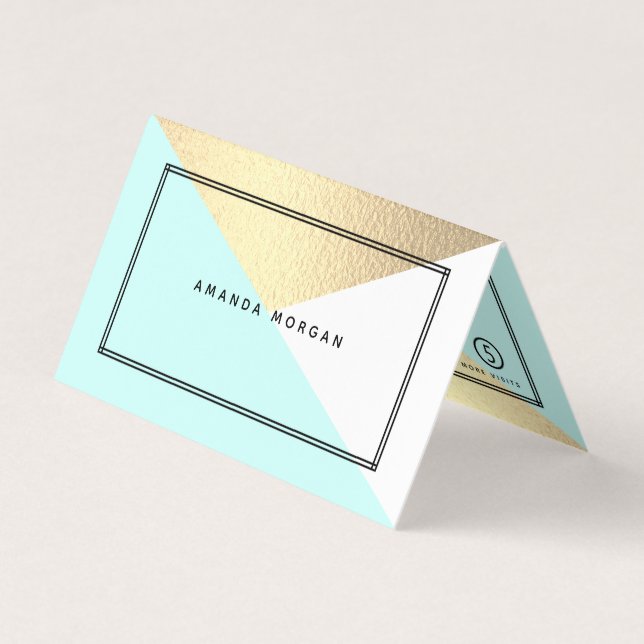 Gold Foil Effect & Aqua Geometric Dubbla Loyalty Visitkort (Framsida)