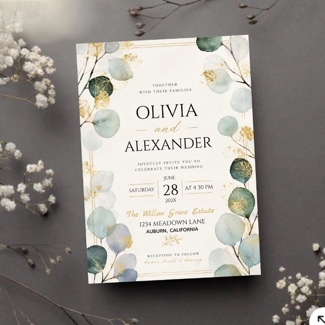 Gold Foil Eucalyptus Elegant Botanical Leaves Inbjudningar (Skapare uppladdad)