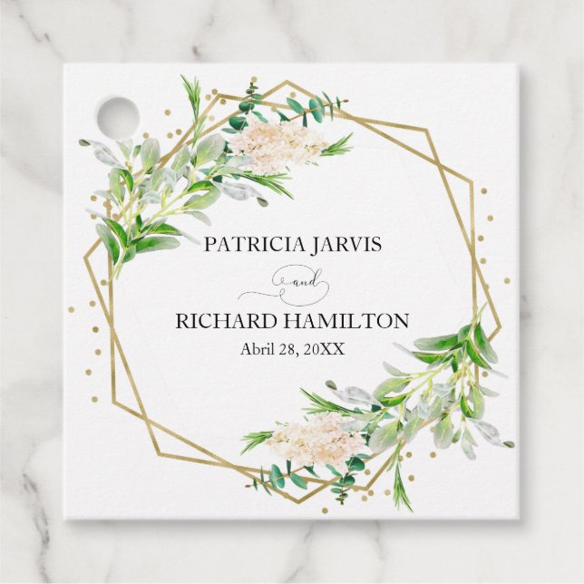 Gold Foil Geometric Greenery Elegant bröllop Gåvor Etiketter (Framsida)