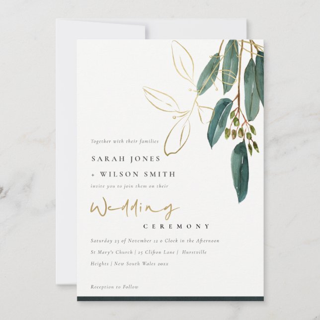 GOLD FOIL GRÖNT EUCALYPTUS FOLIAGE WEDDING INVITE TACK KORT (Framsida)