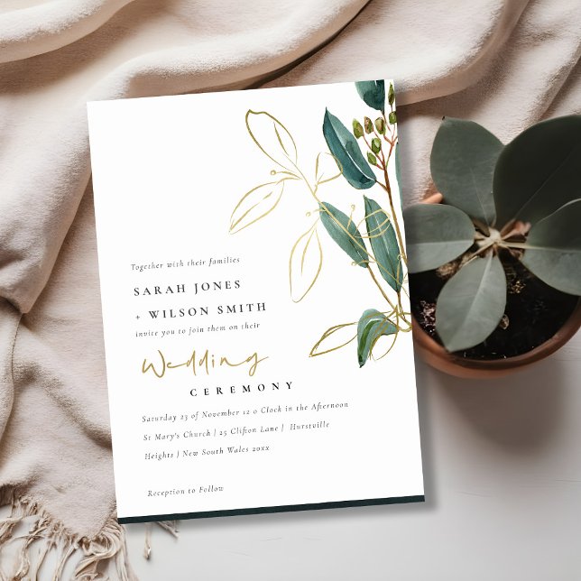 GOLD FOIL GRÖNT EUCALYPTUS FOLIAGE WEDDING INVITE TACK KORT (Skapare uppladdad)