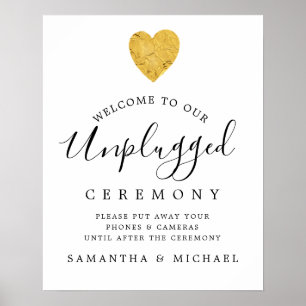 Gold Foil Heart Unplugged Bröllop Ceremony Sign Poster