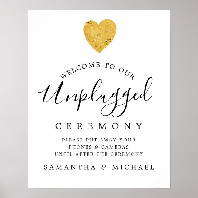 Gold Foil Heart Unplugged Bröllop Ceremony Sign Poster (Framsidan)