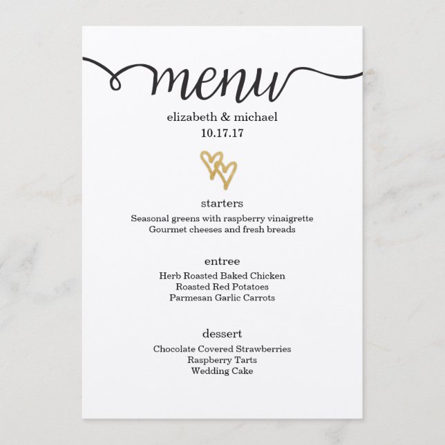 Gold Foil Hearts Kraft Papprare Bröllop Menu Meny (Framsida)
